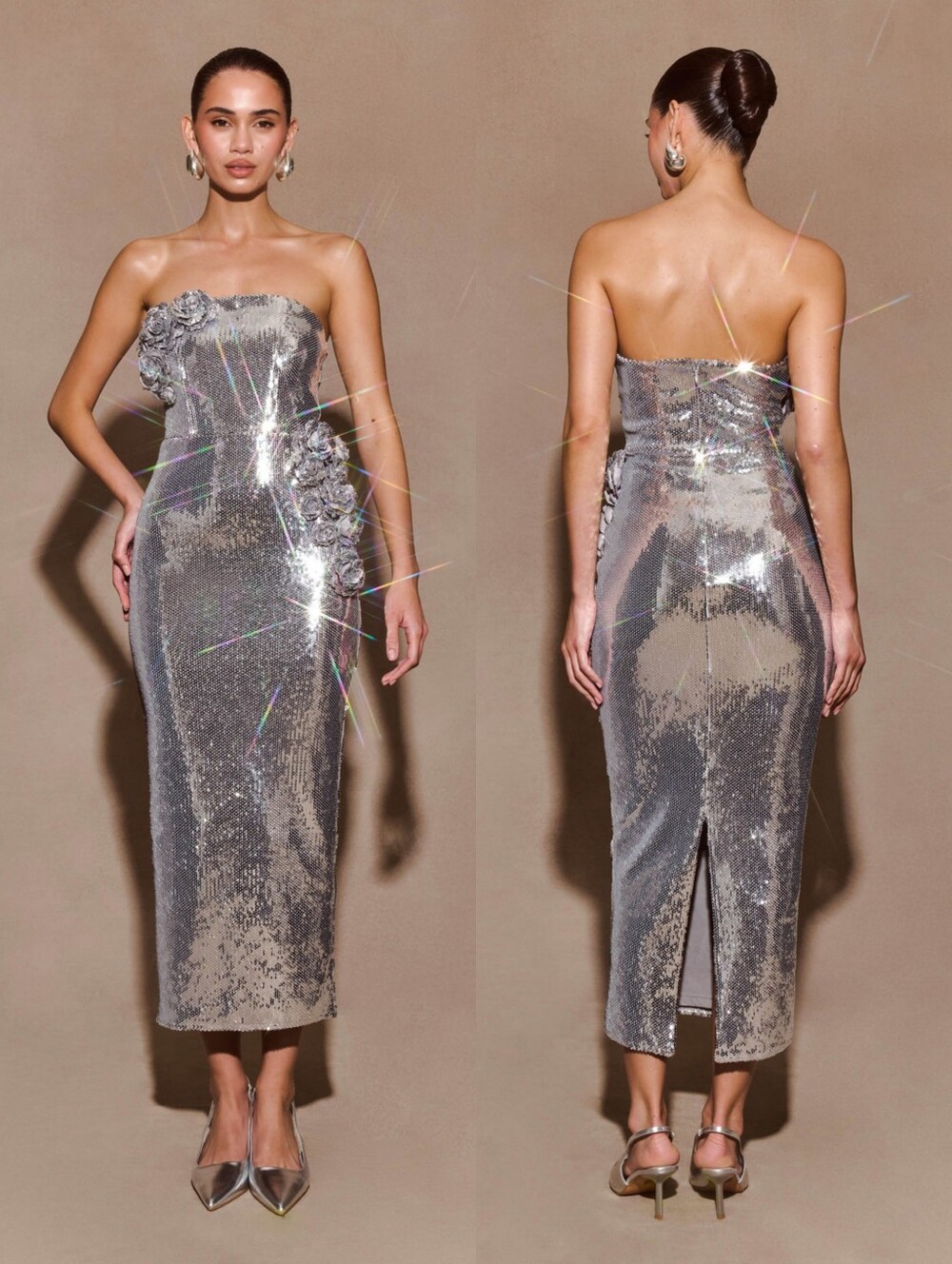 MESHKI | Cassia Strapless Sequin Rose Midi Dress